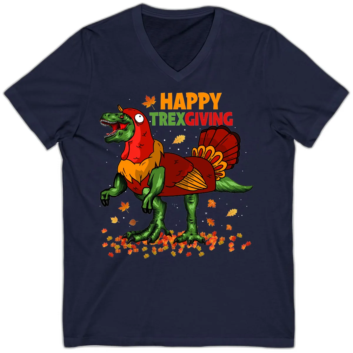 Happy Trexgiving Dinosaur Turkey Costume V-Neck in Navy