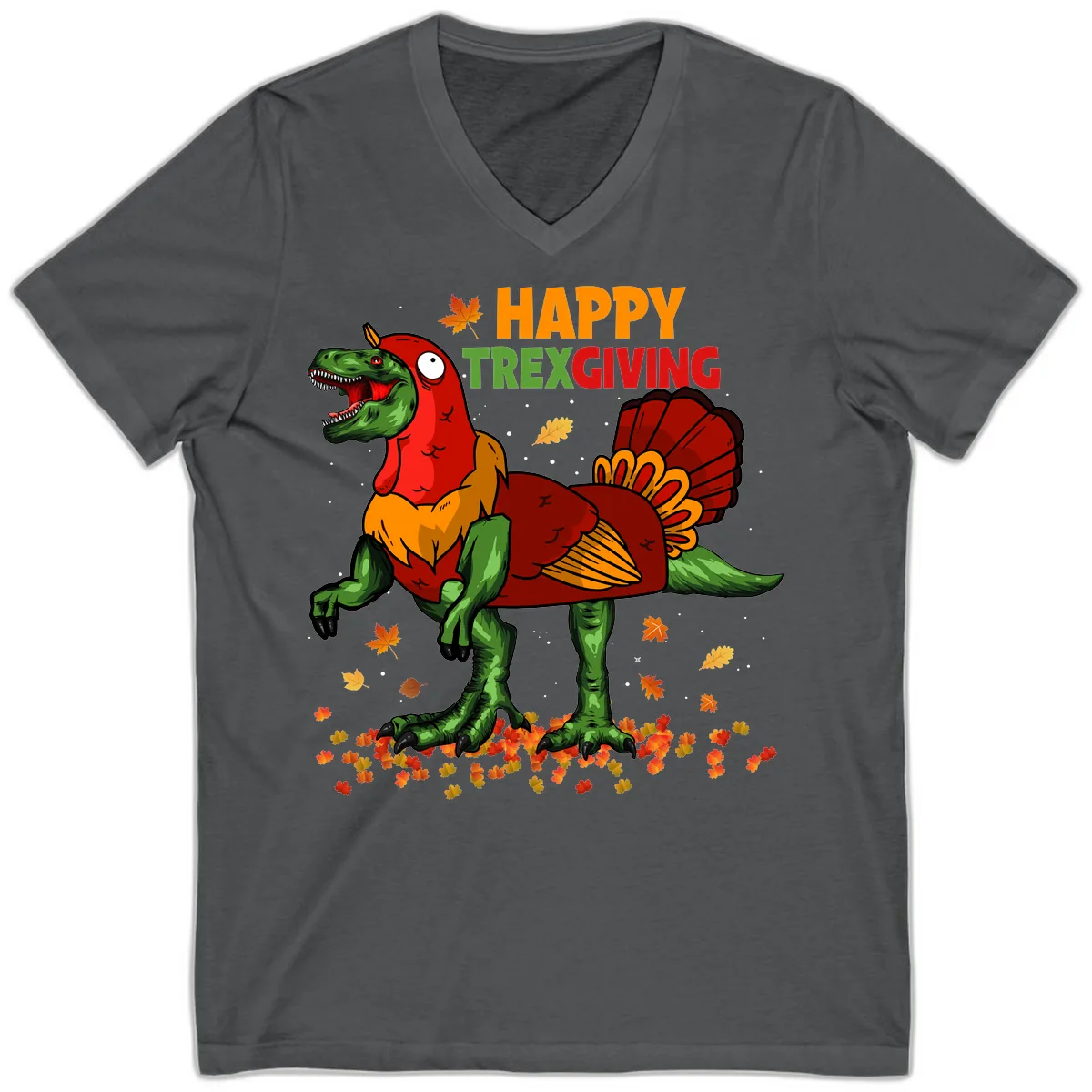 Happy Trexgiving Dinosaur Turkey Costume V-Neck in Asphalt