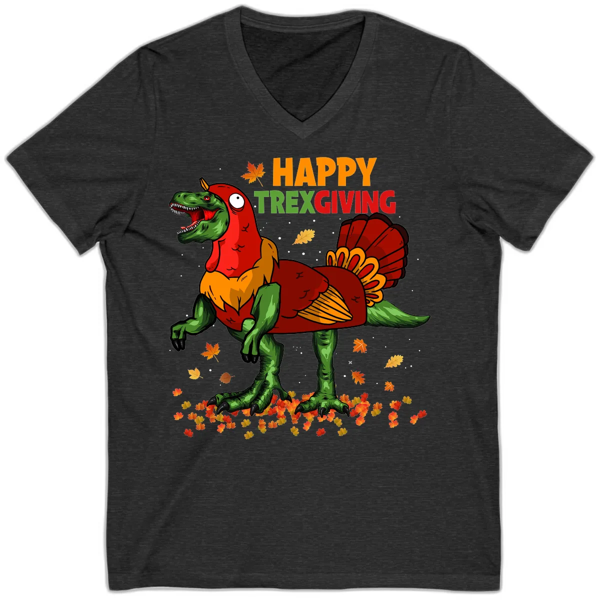 Happy Trexgiving Dinosaur Turkey Costume V-Neck in Dark Grey Heather
