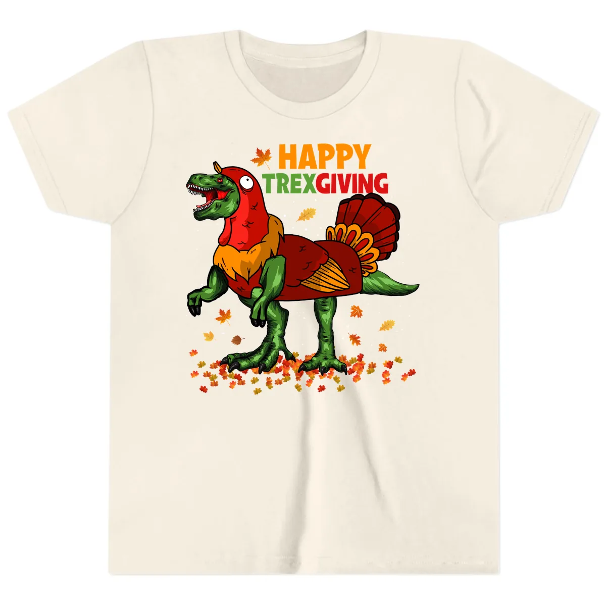 Happy Trexgiving Dinosaur Turkey Costume Youth T-Shirt in Natural