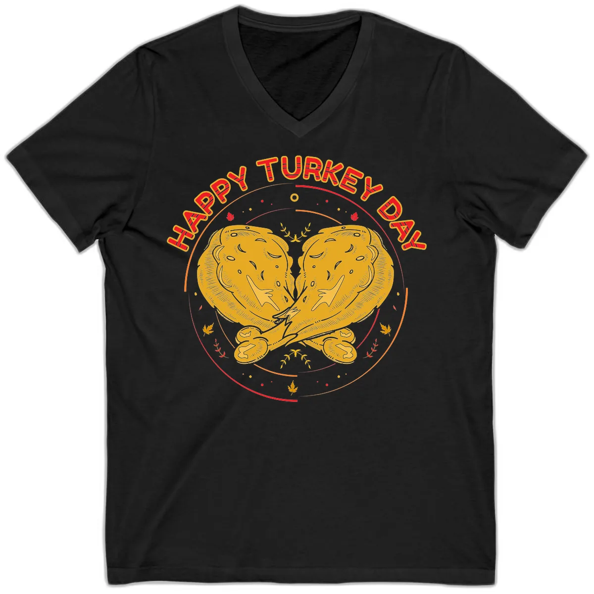Happy Turkey Day Drumsticks Design V-Neck in Black