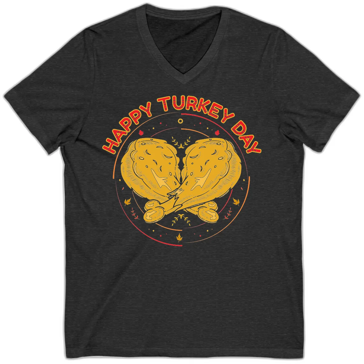 Happy Turkey Day Drumsticks Design V-Neck in Dark Grey Heather