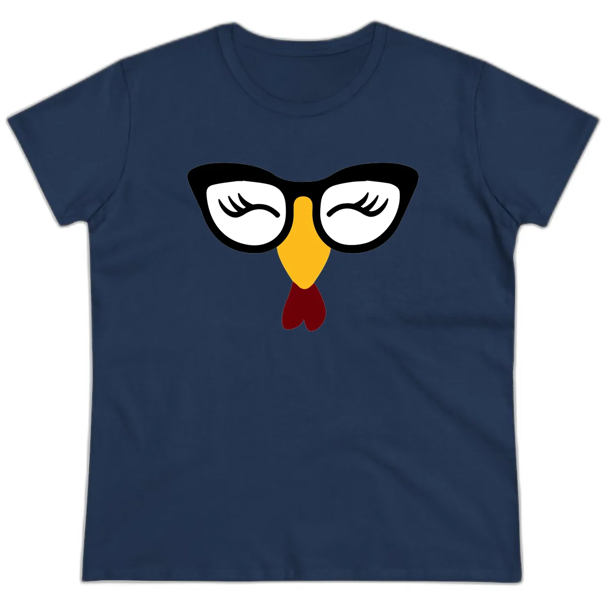 Nerdy Turkey Face With Glasses Ladies Tee in Navy