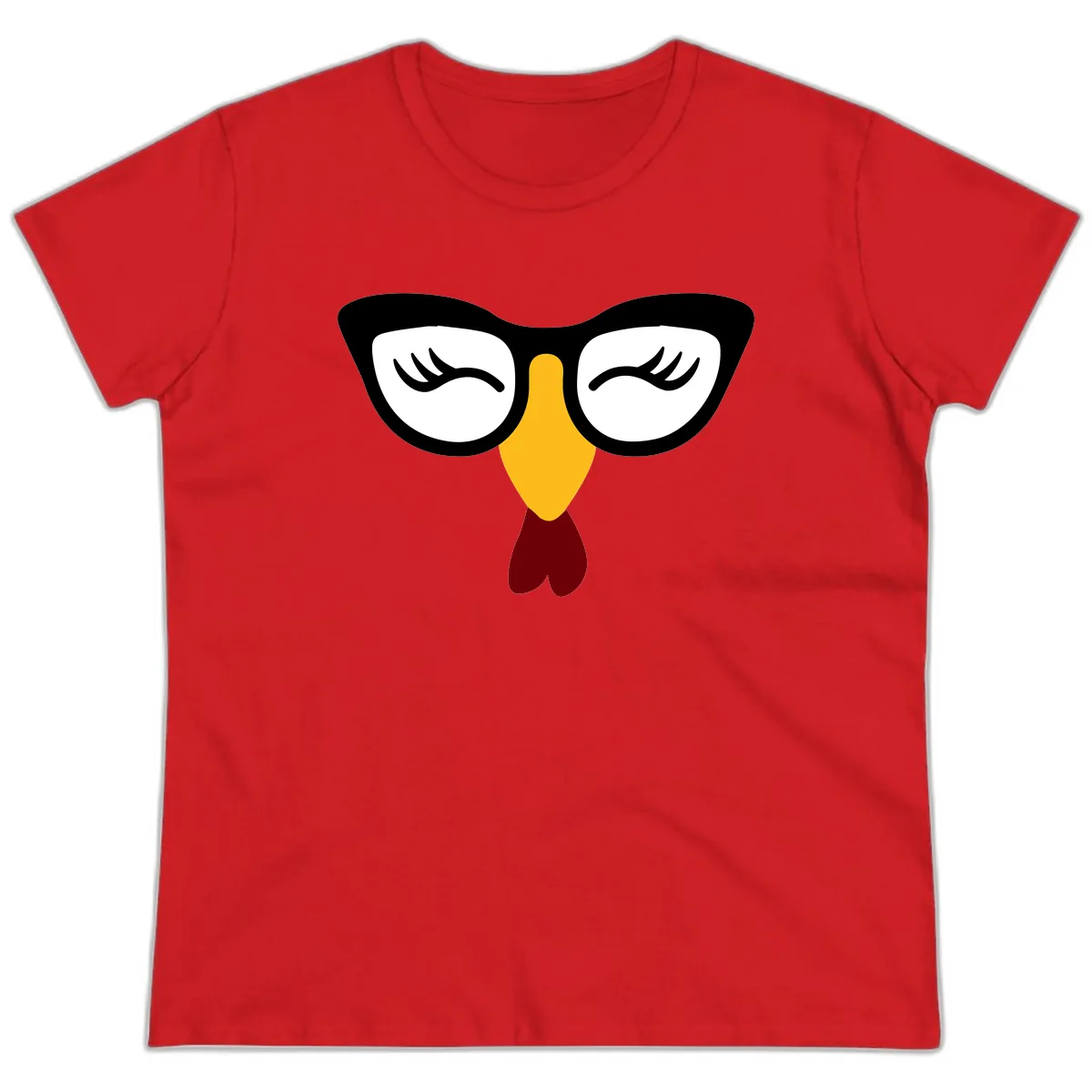Nerdy Turkey Face With Glasses Ladies Tee in Red