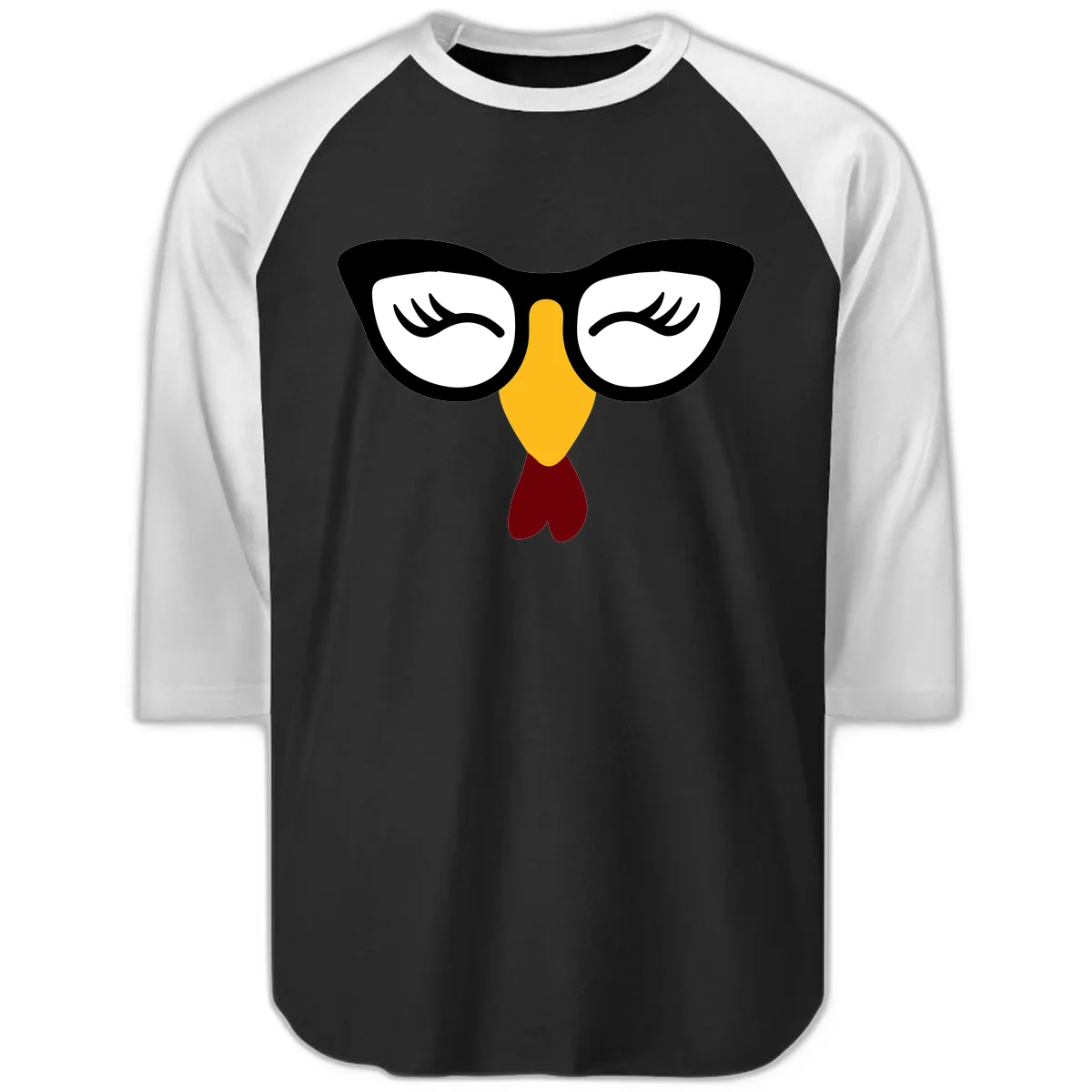 Nerdy Turkey Face With Glasses Raglan 3/4 in Black White
