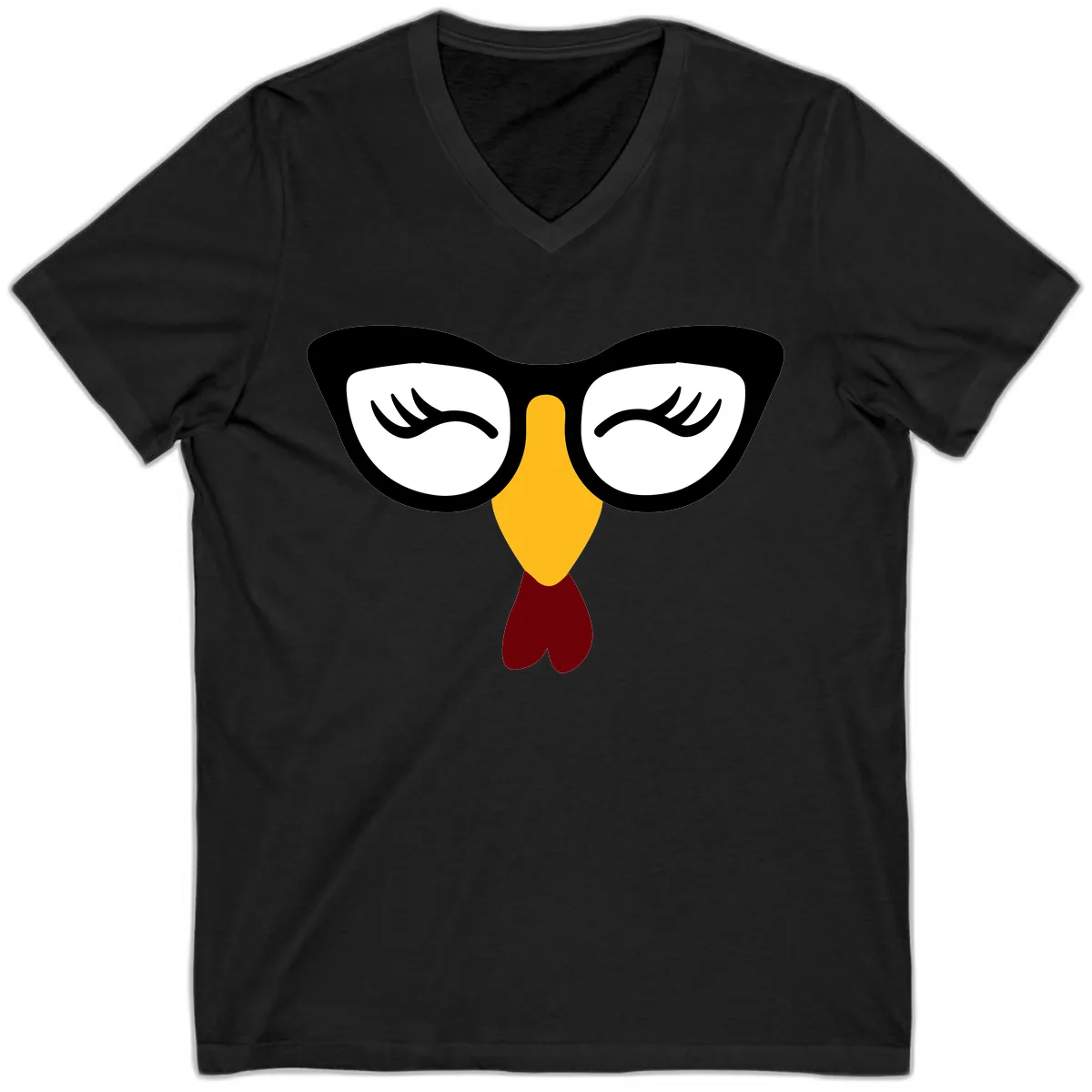 Nerdy Turkey Face With Glasses V-Neck in Black