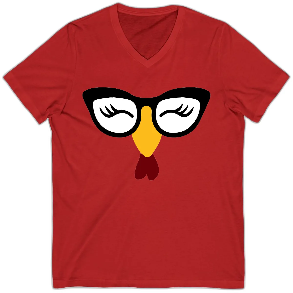 Nerdy Turkey Face With Glasses V-Neck in Red
