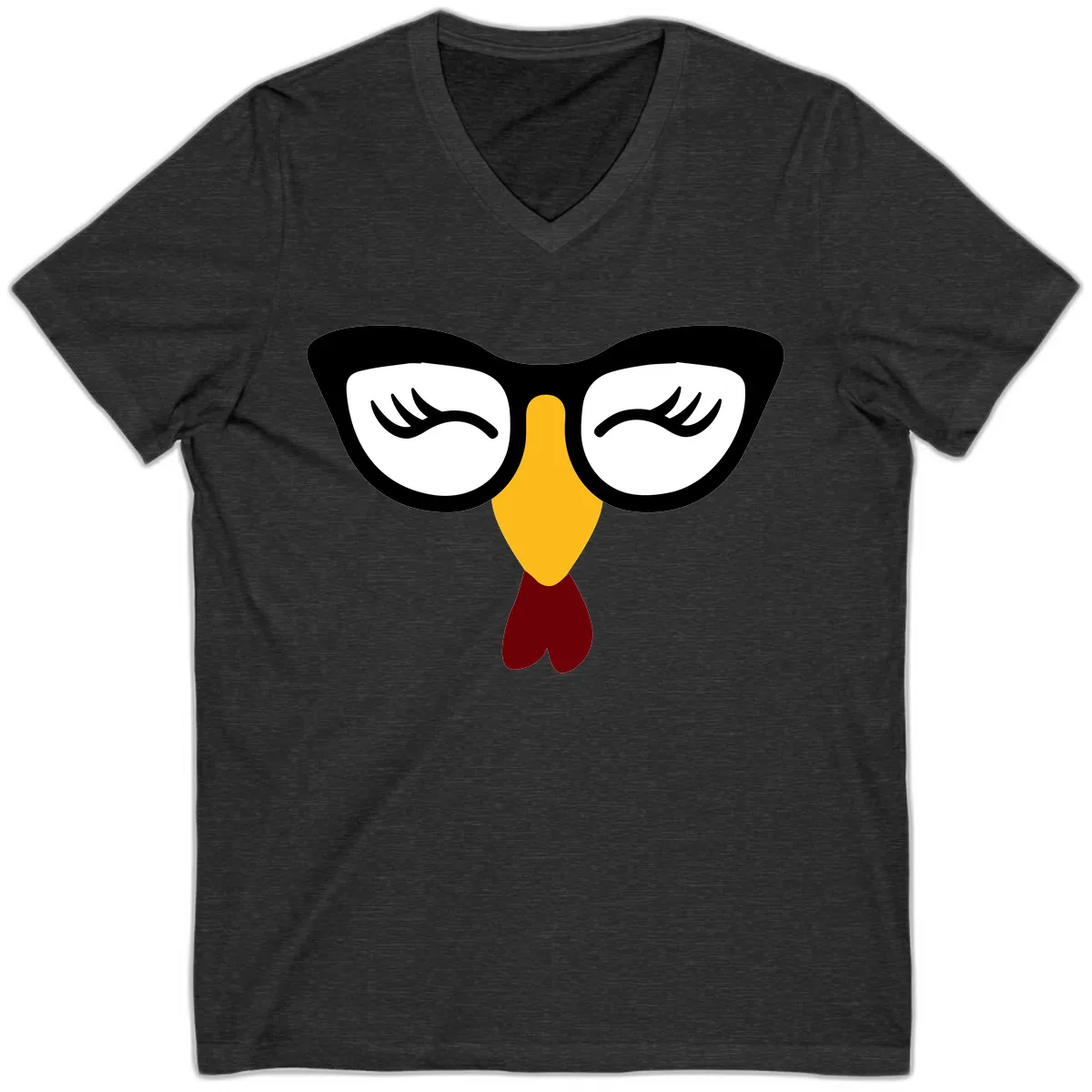 Nerdy Turkey Face With Glasses V-Neck in Dark Grey Heather