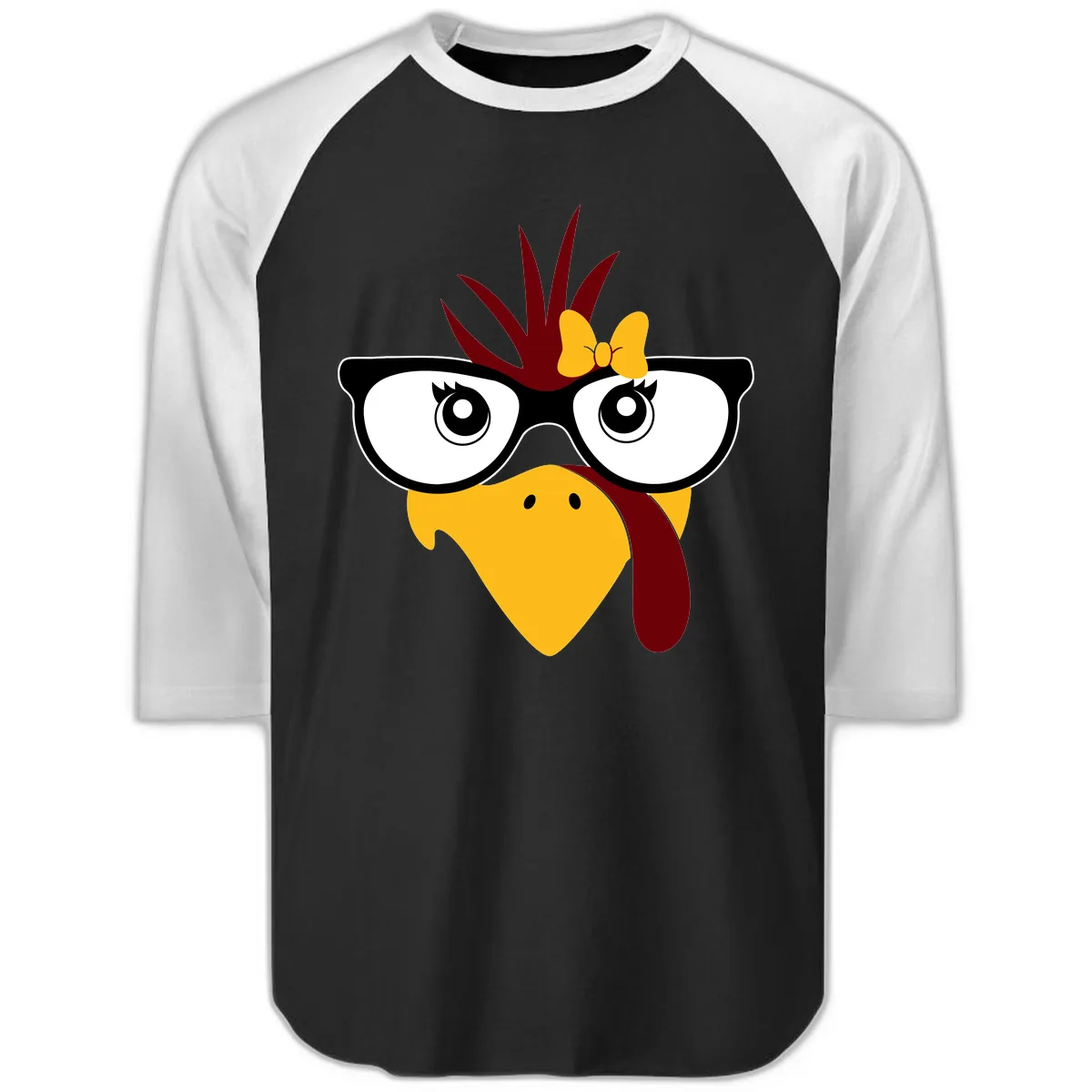 Nerd Turkey With Glasses And Bow Raglan 3/4 in Black White