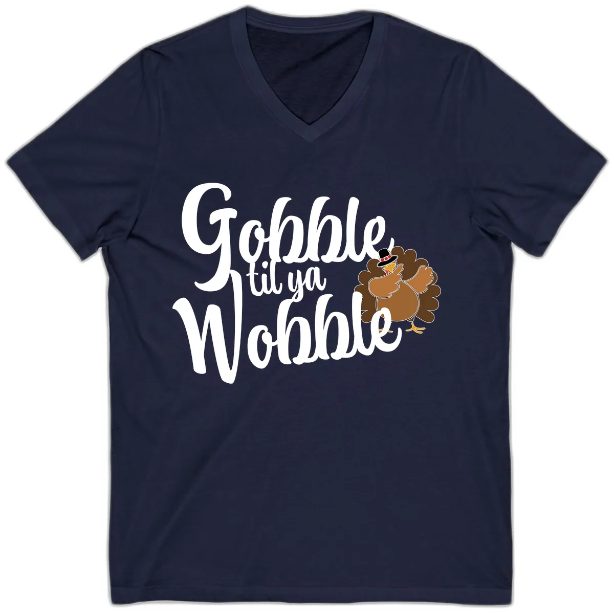 Gobble Til Ya Wobble Turkey Design V-Neck in Navy