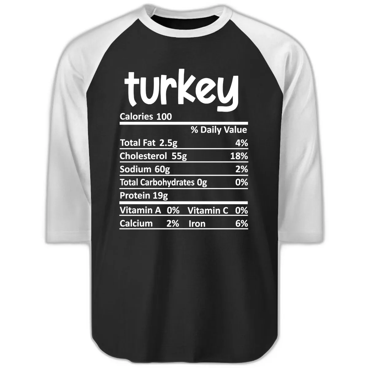 Turkey Nutrition Facts Raglan 3/4 in Black White