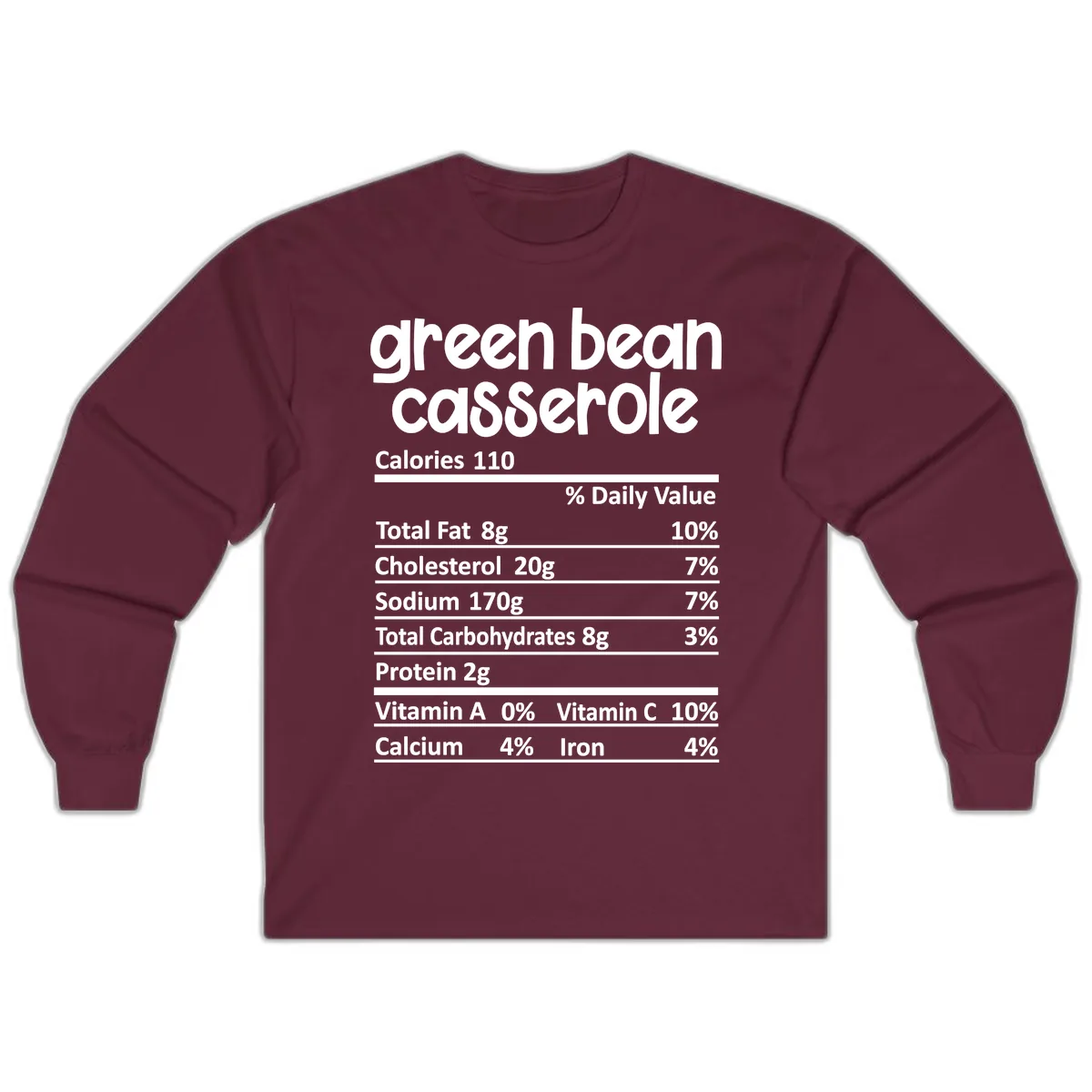 Green Bean Casserole Nutrition Label Long Sleeve in Maroon