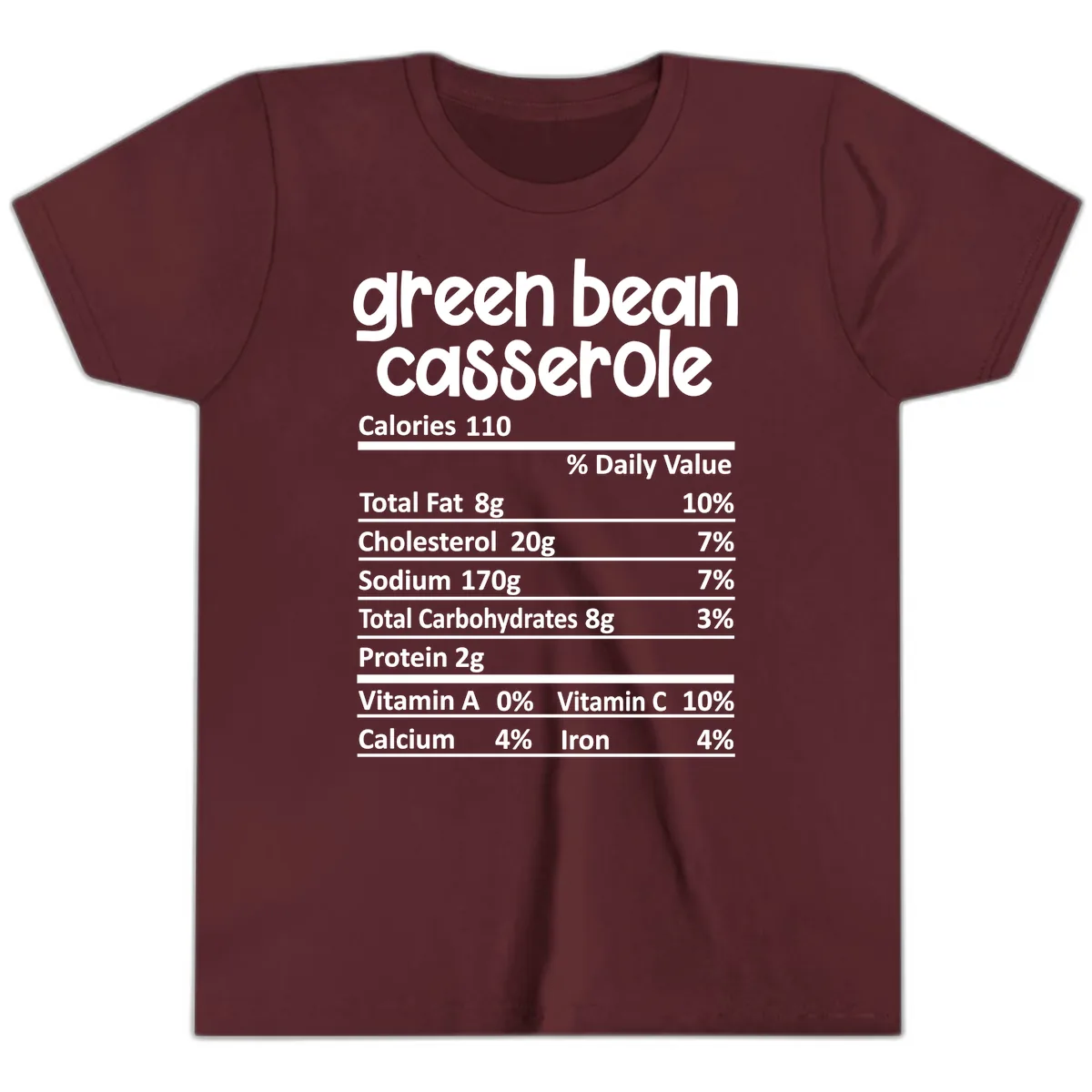 Green Bean Casserole Nutrition Label Youth T-Shirt in Maroon