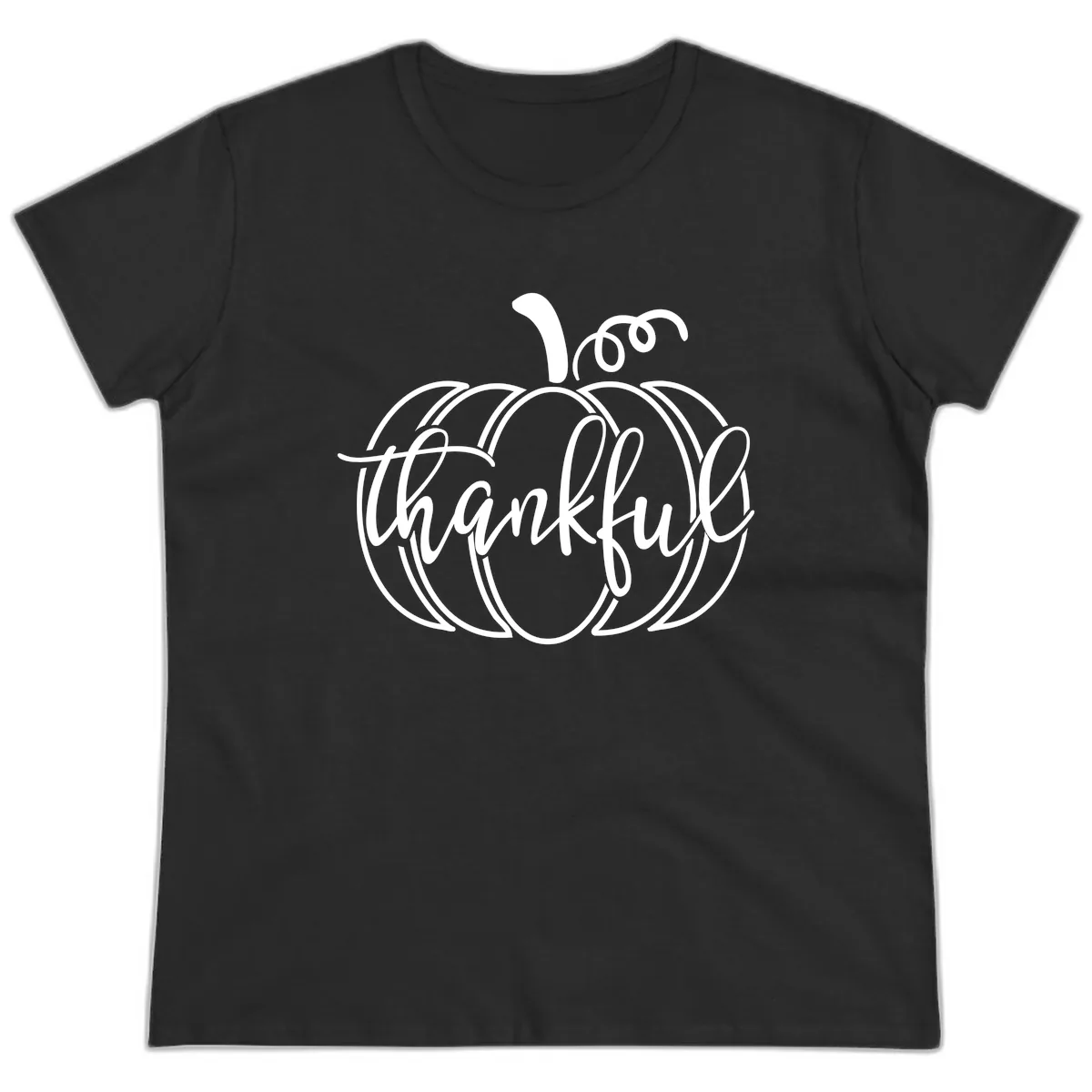Pumpkin Thankful Script Design Ladies Tee in Black