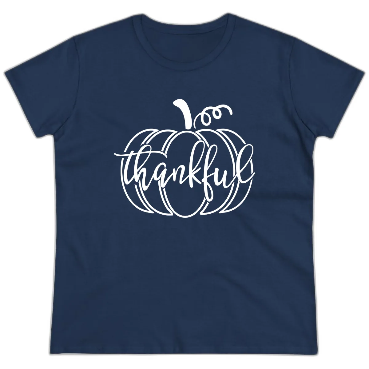 Pumpkin Thankful Script Design Ladies Tee in Navy