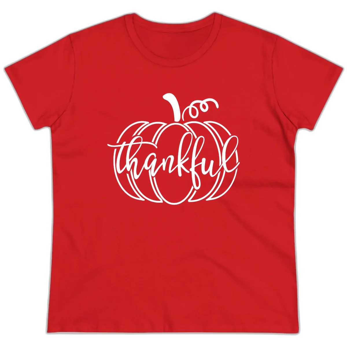 Pumpkin Thankful Script Design Ladies Tee in Red