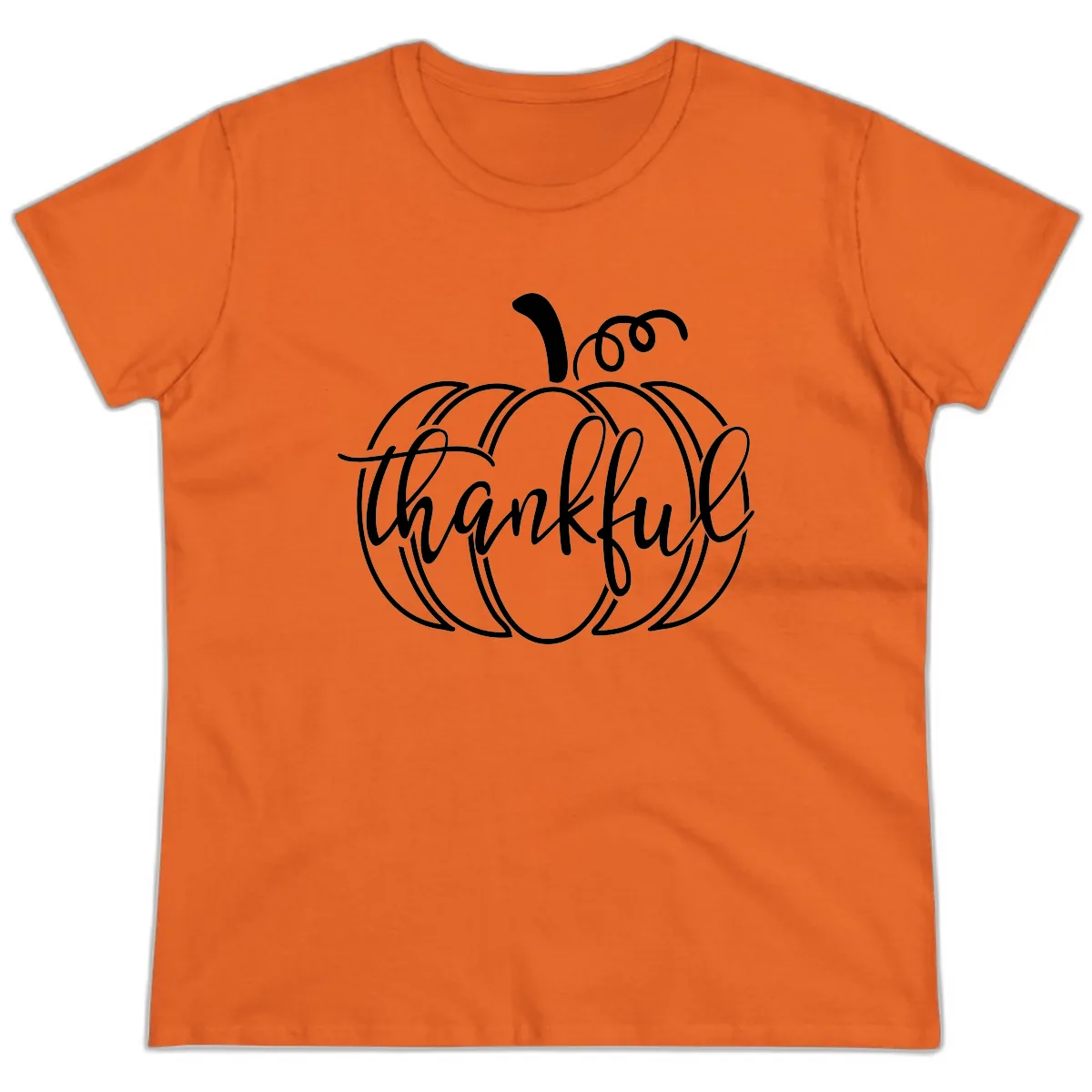 Pumpkin Thankful Script Design Ladies Tee in Orange