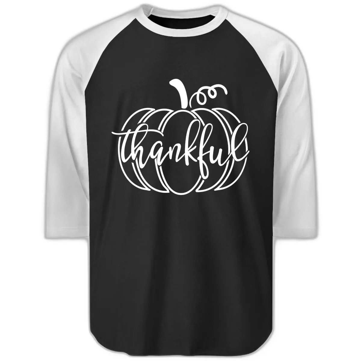 Pumpkin Thankful Script Design Raglan 3/4 in Black White
