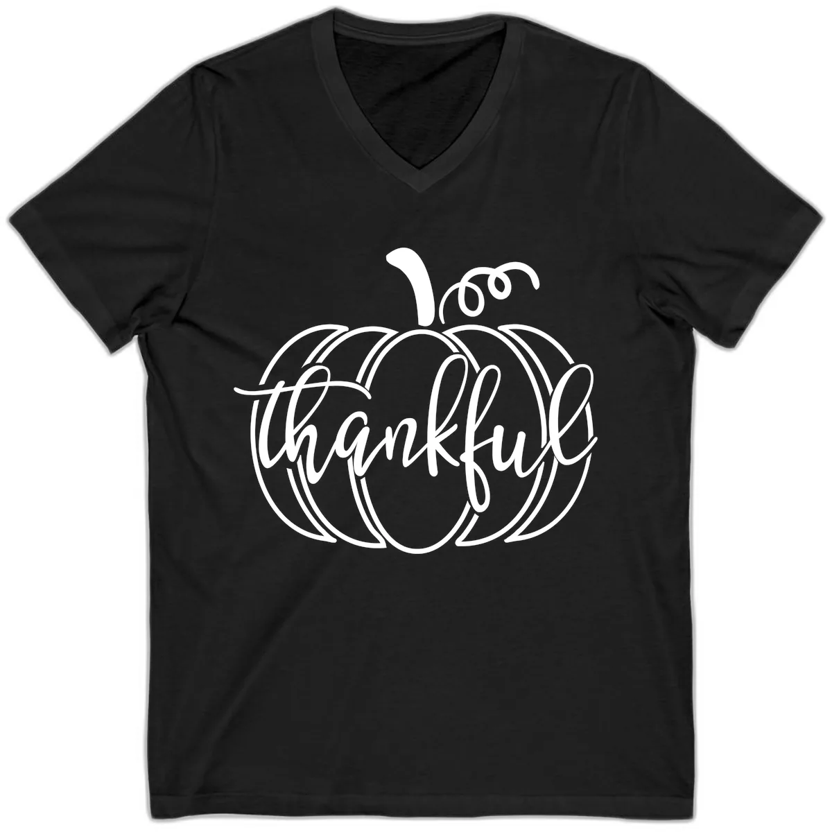 Pumpkin Thankful Script Design V-Neck in Black