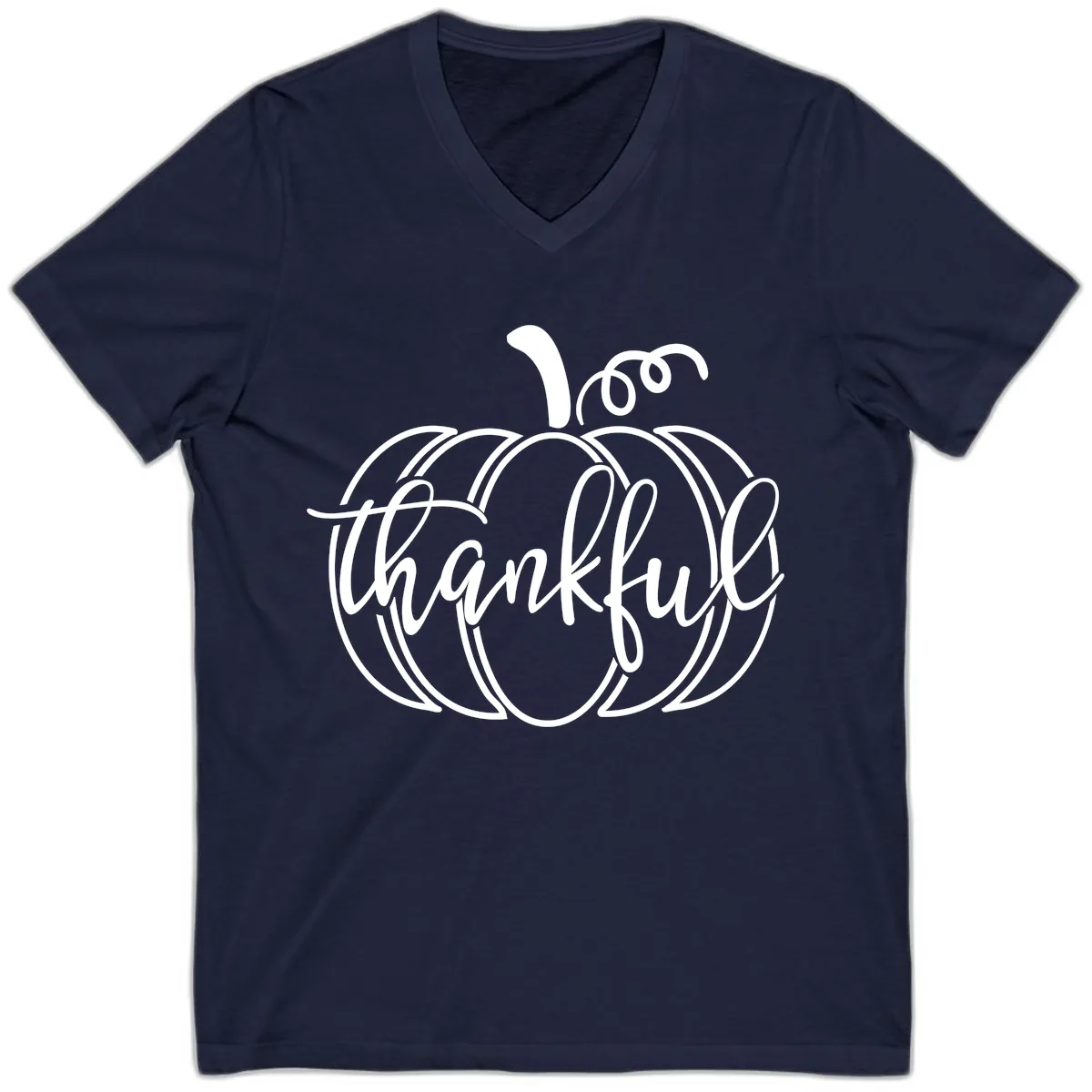 Pumpkin Thankful Script Design V-Neck in Navy