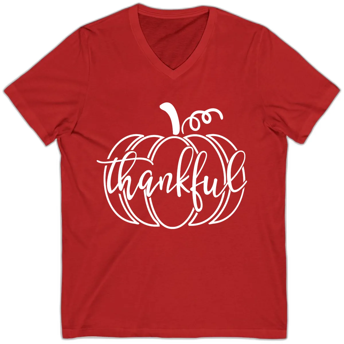 Pumpkin Thankful Script Design V-Neck in Red