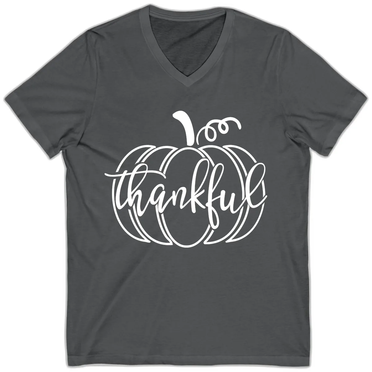 Pumpkin Thankful Script Design V-Neck in Asphalt