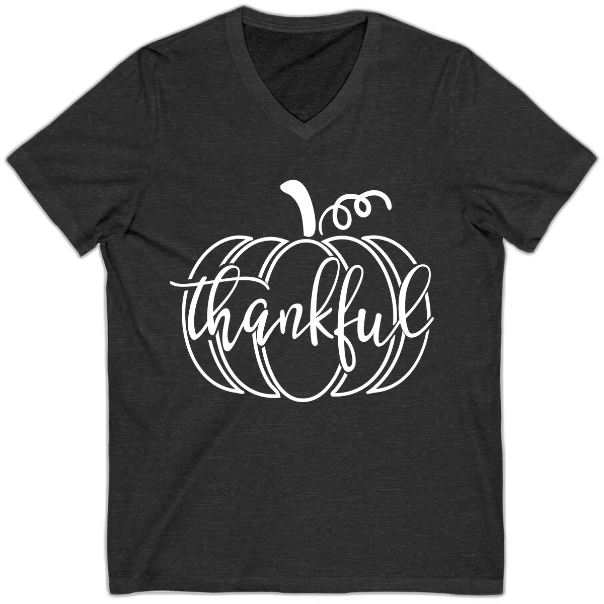 Pumpkin Thankful Script Design V-Neck in Dark Grey Heather