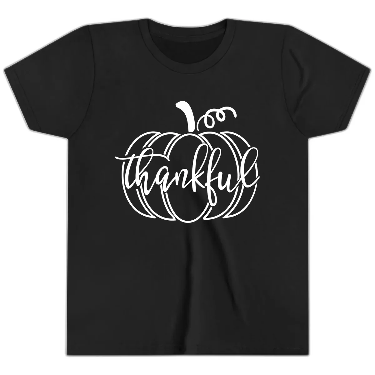 Pumpkin Thankful Script Design Youth T-Shirt in Black