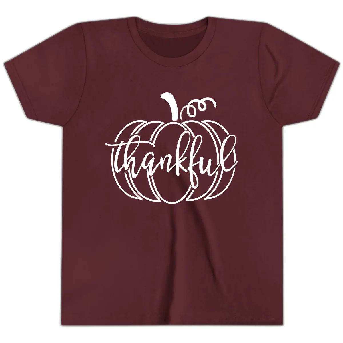 Pumpkin Thankful Script Design Youth T-Shirt in Maroon
