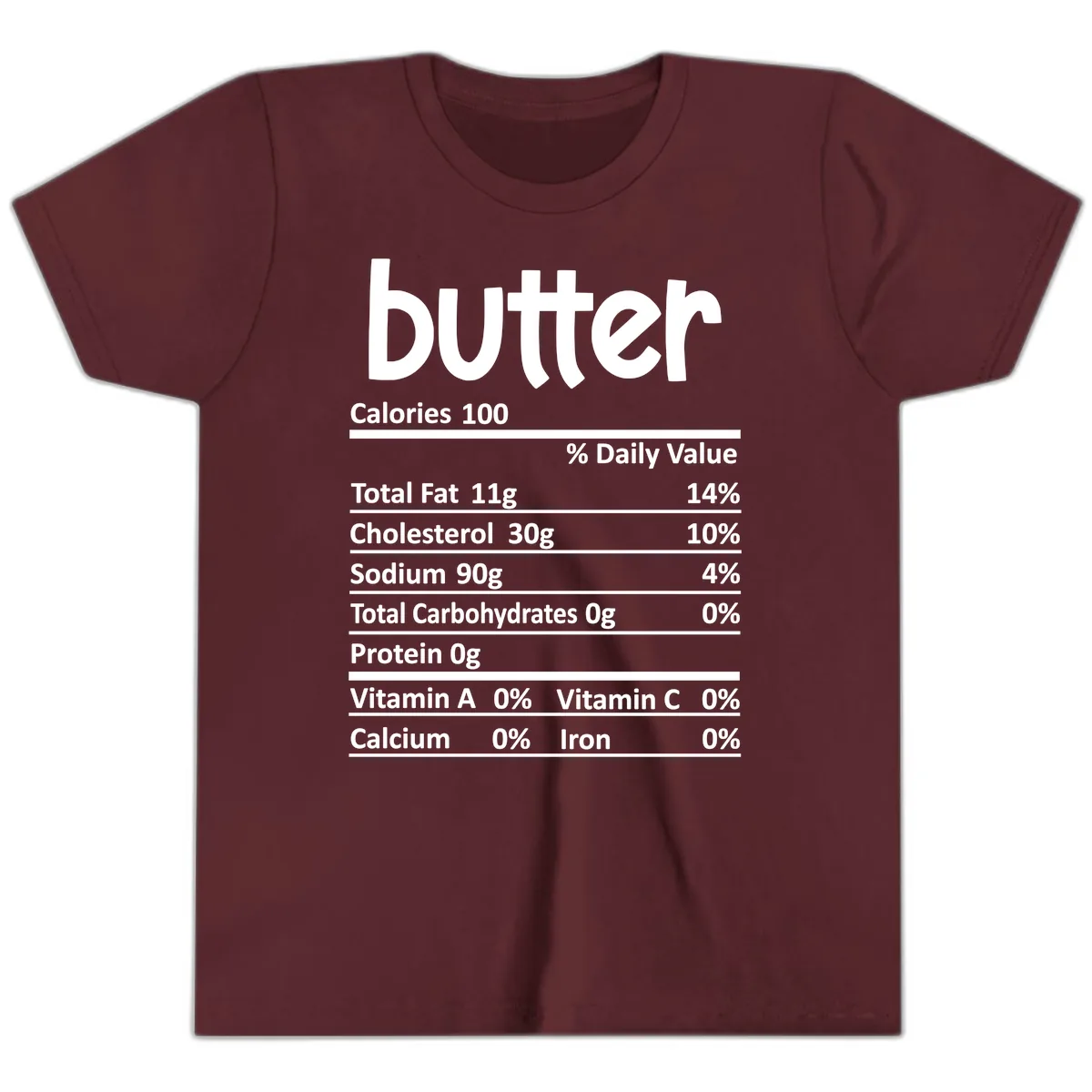 Butter Nutrition Facts Youth T-Shirt in Maroon