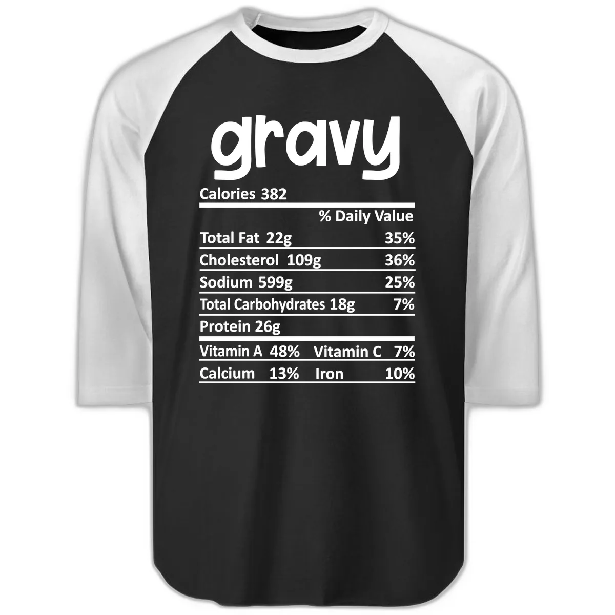 Nutrition Facts Gravy Design Raglan 3/4 in Black White