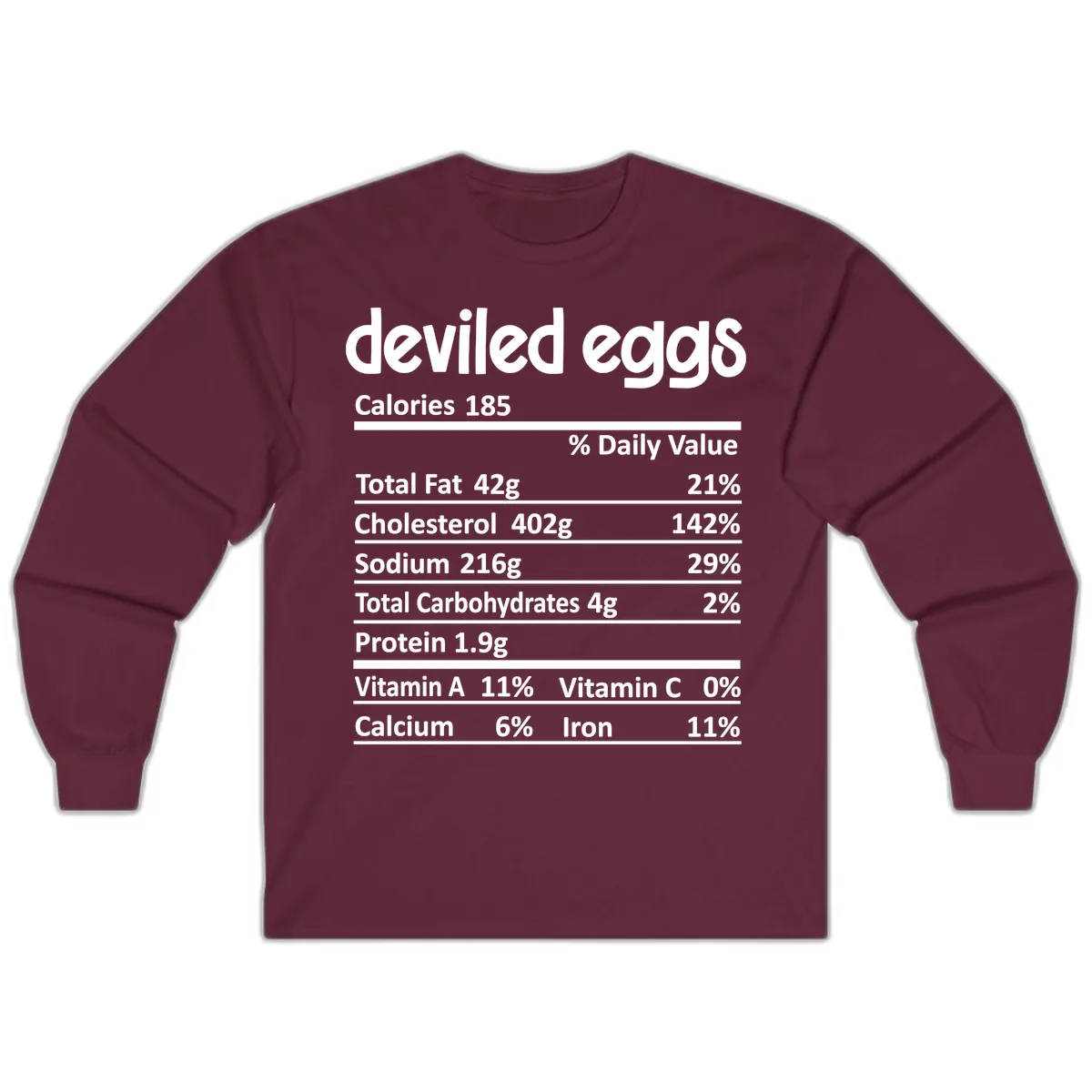 Deviled Eggs Nutrition Label Long Sleeve in Maroon