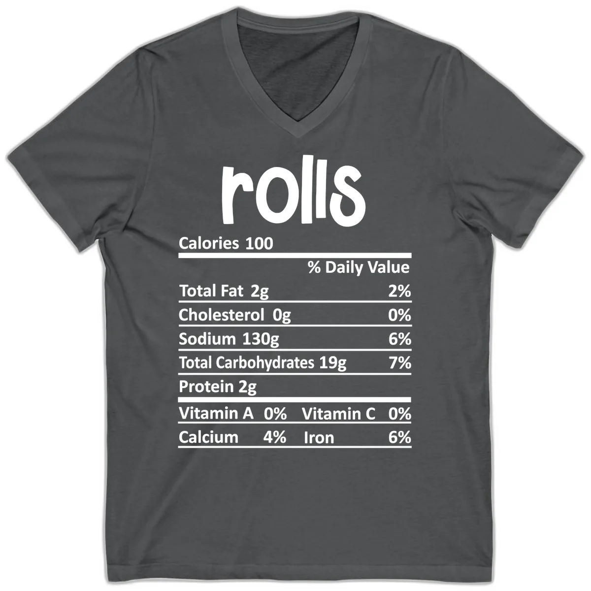 Thanksgiving Dinner Rolls Nutrition Facts V-Neck in Asphalt