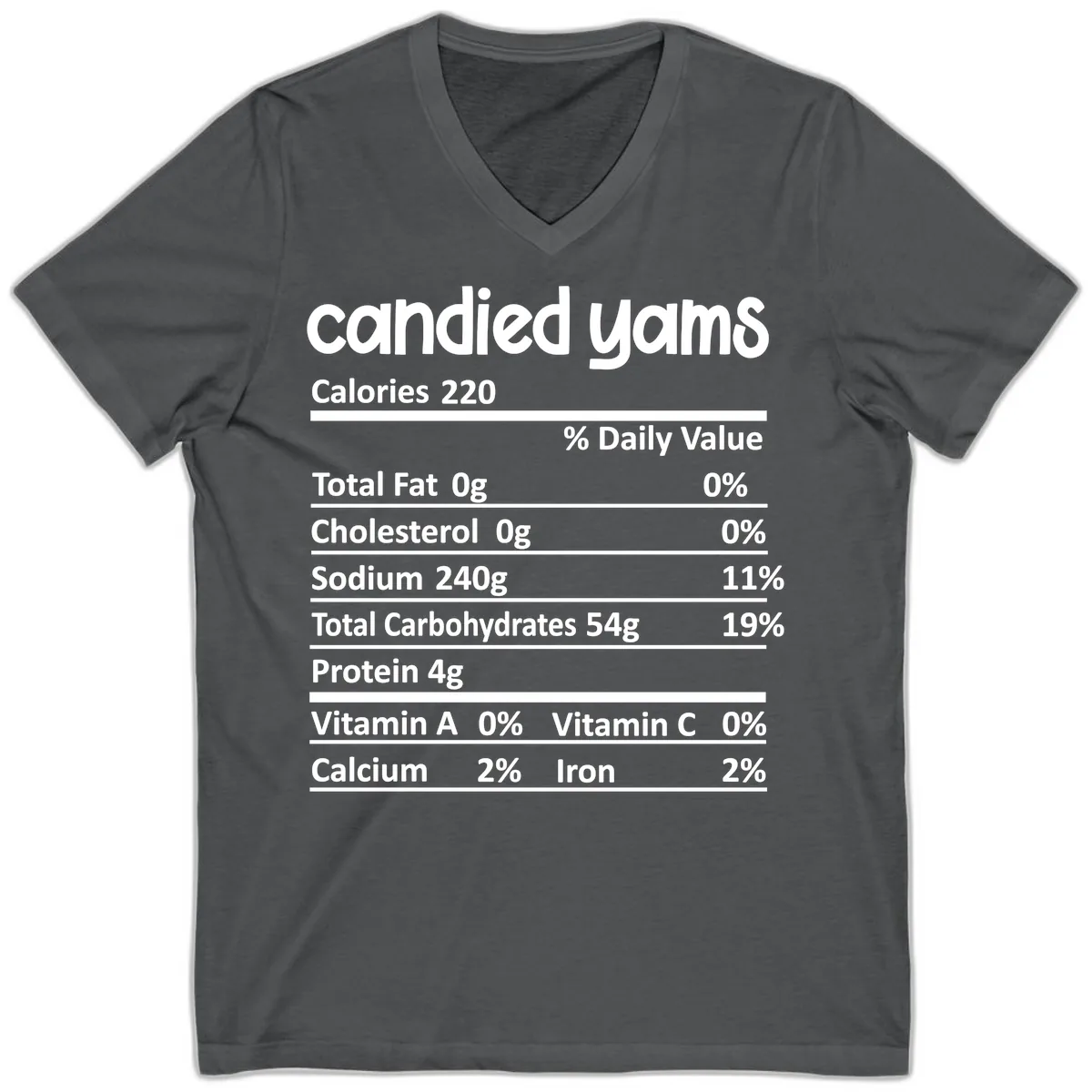 Candied Yams Nutrition Facts V-Neck in Asphalt