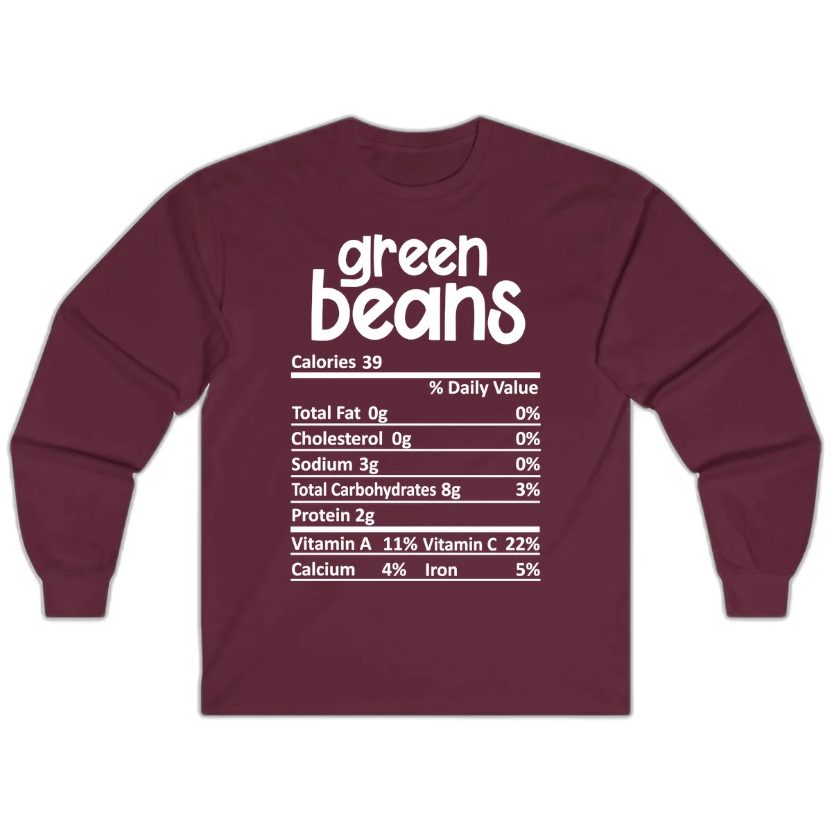 Green Beans Nutrition Label Long Sleeve in Maroon