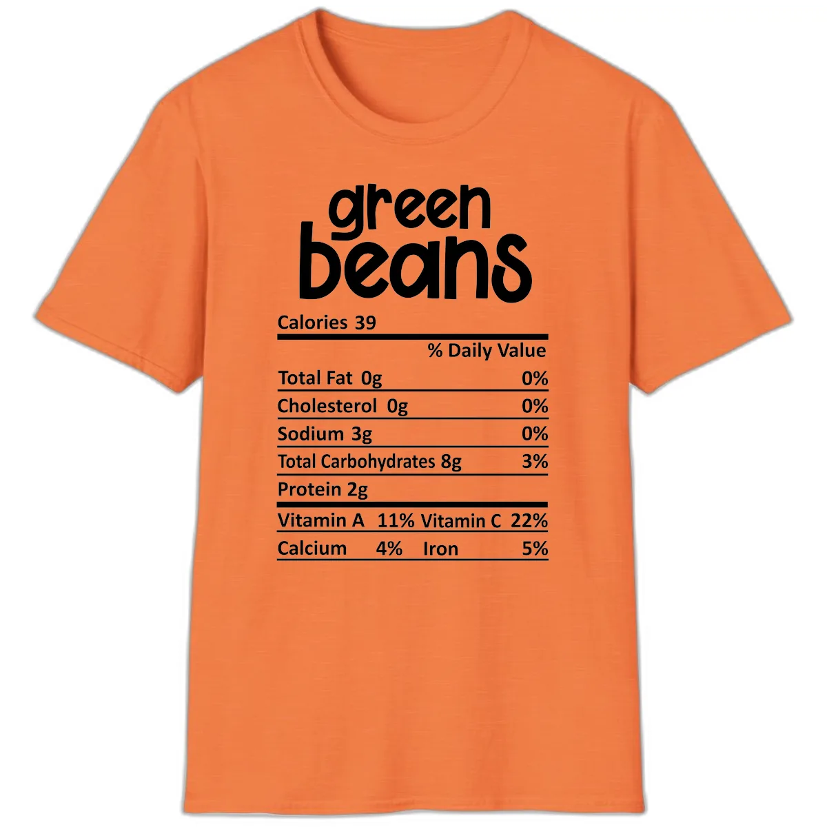Green Beans Nutrition Label T-Shirt in Heather Orange
