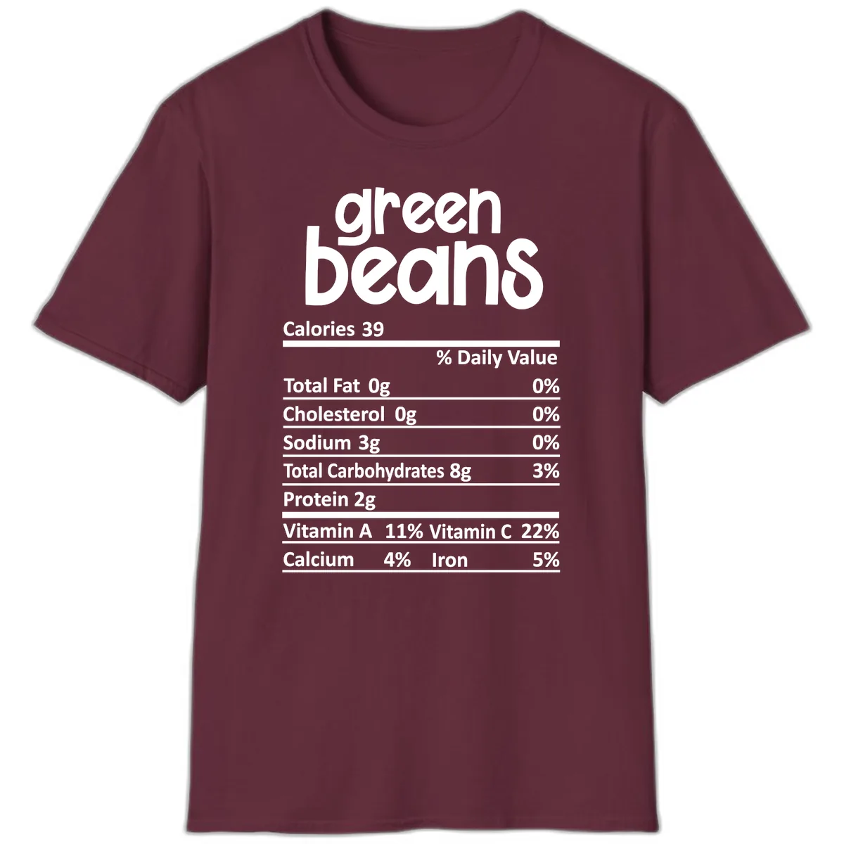 Green Beans Nutrition Label T-Shirt in Maroon