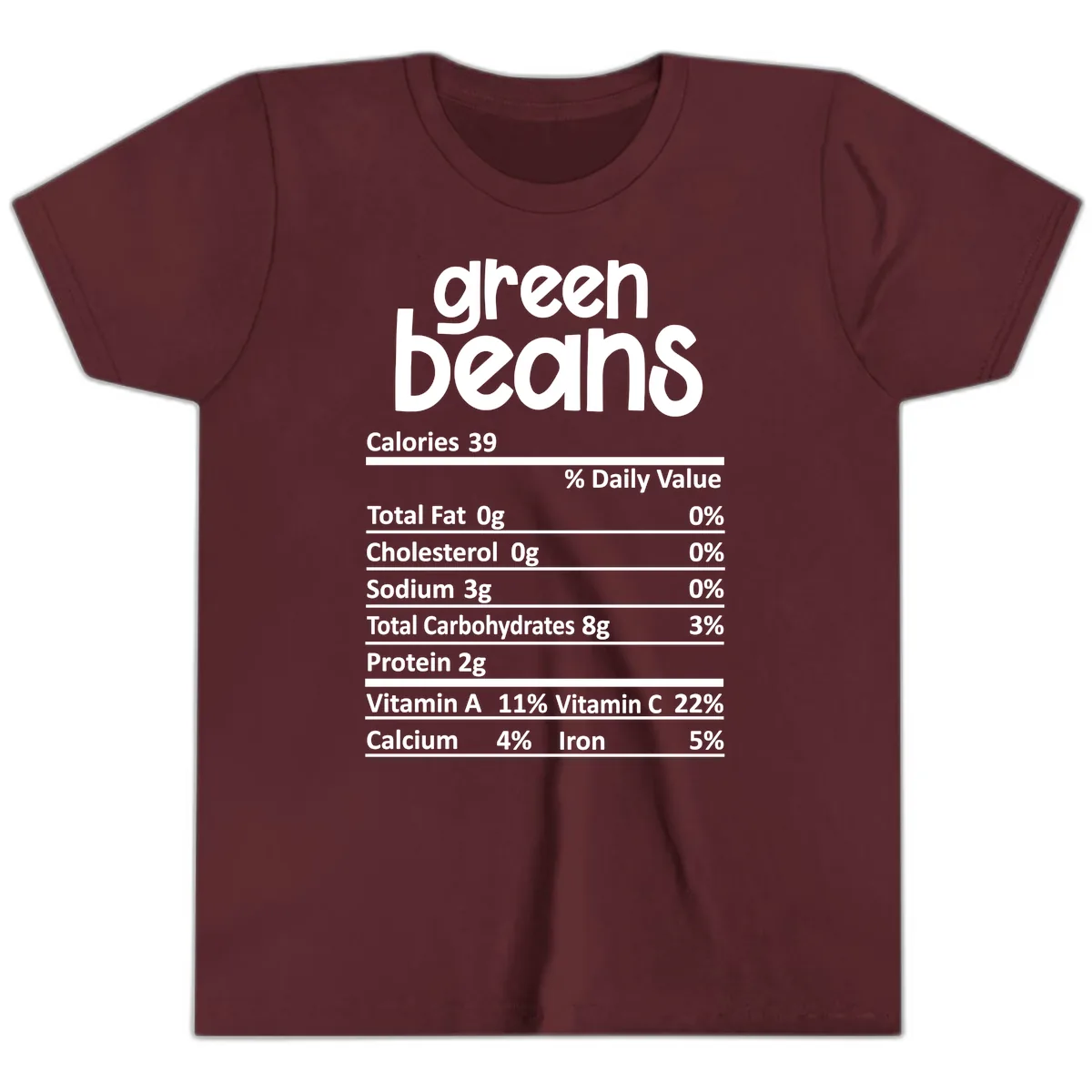 Green Beans Nutrition Label Youth T-Shirt in Maroon