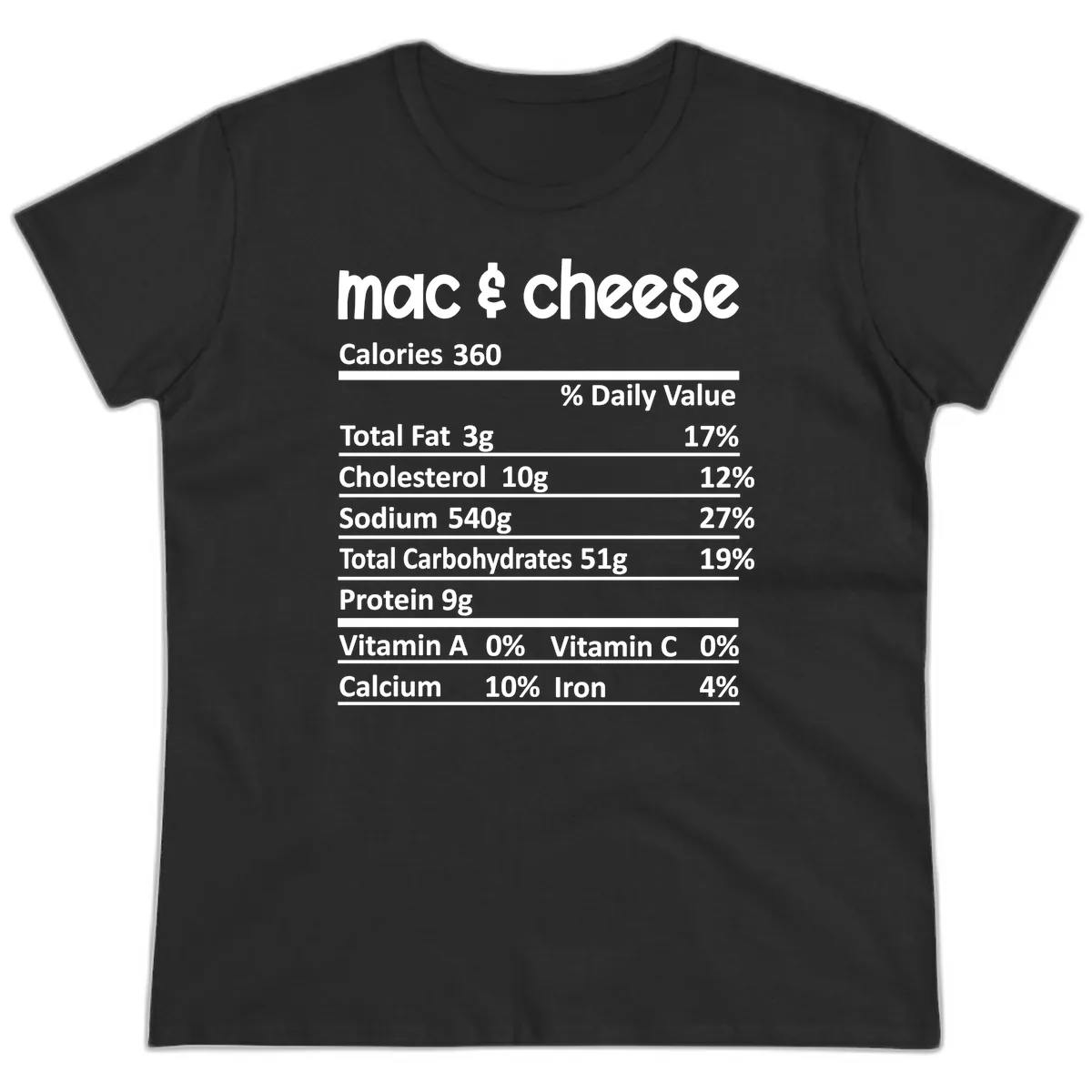 Mac & Cheese Nutrition Facts Ladies Tee in Black