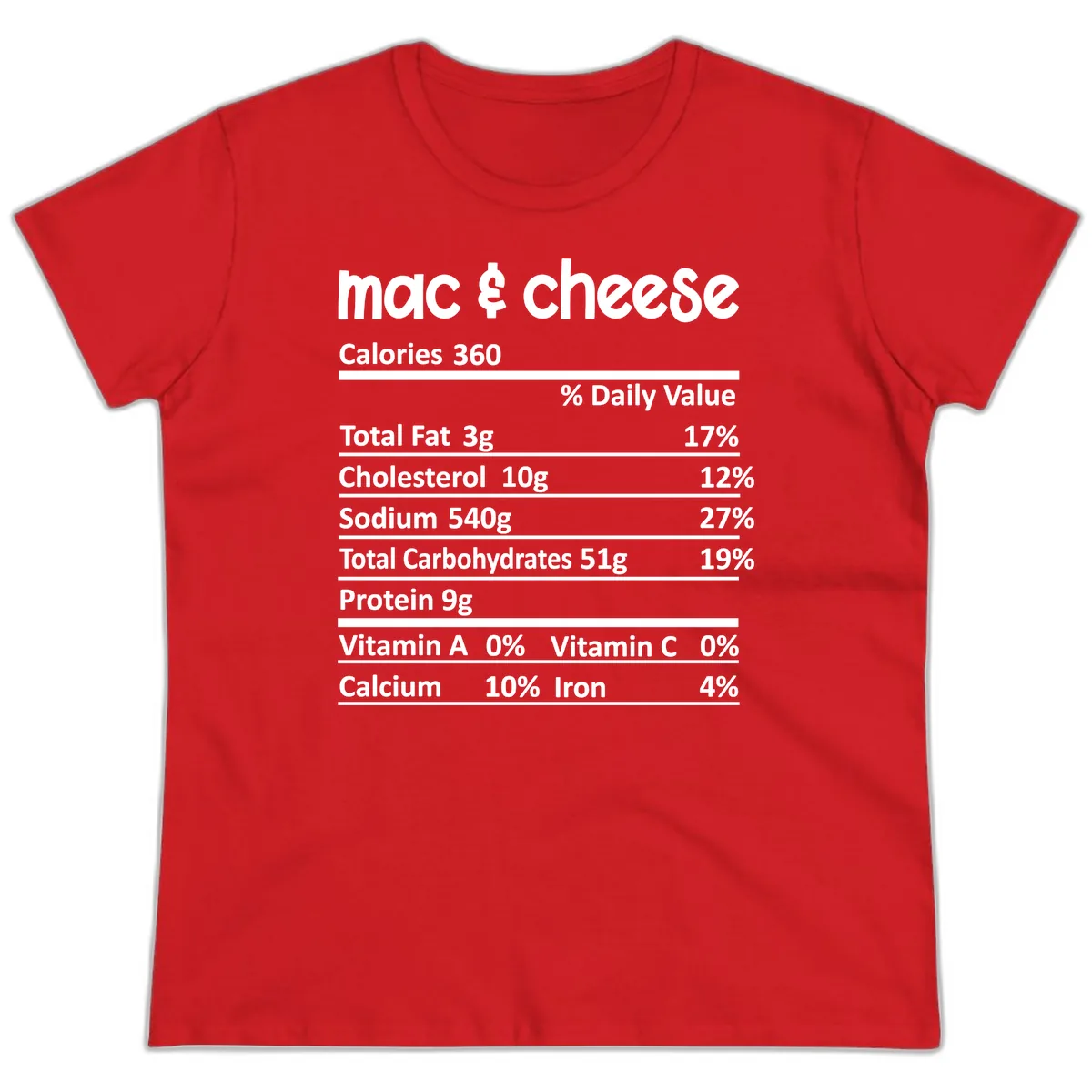 Mac & Cheese Nutrition Facts Ladies Tee in Red