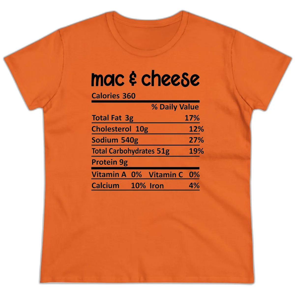 Mac & Cheese Nutrition Facts Ladies Tee in Orange