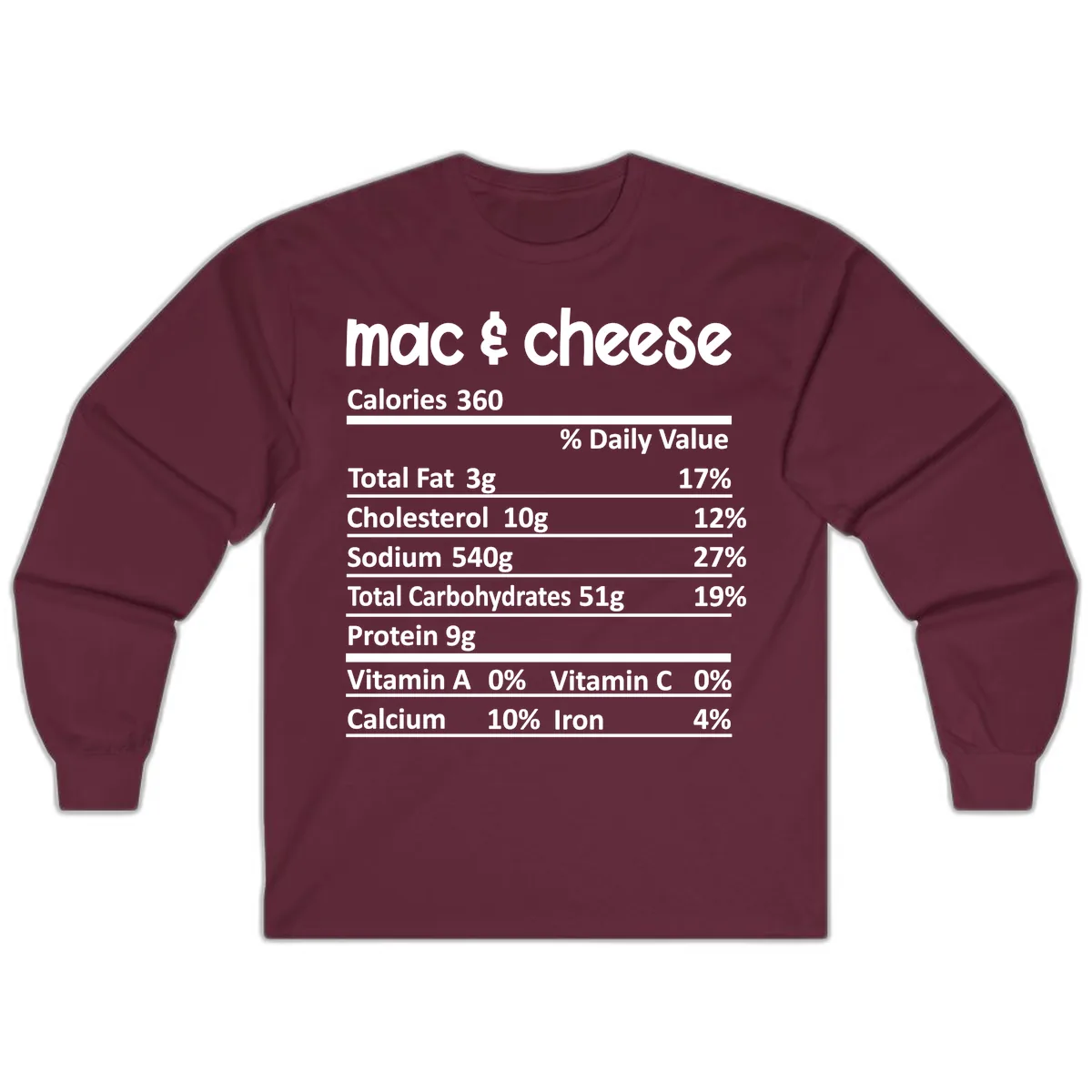 Mac & Cheese Nutrition Facts Long Sleeve in Maroon