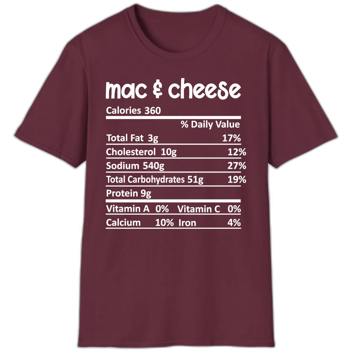 Mac & Cheese Nutrition Facts T-Shirt in Maroon