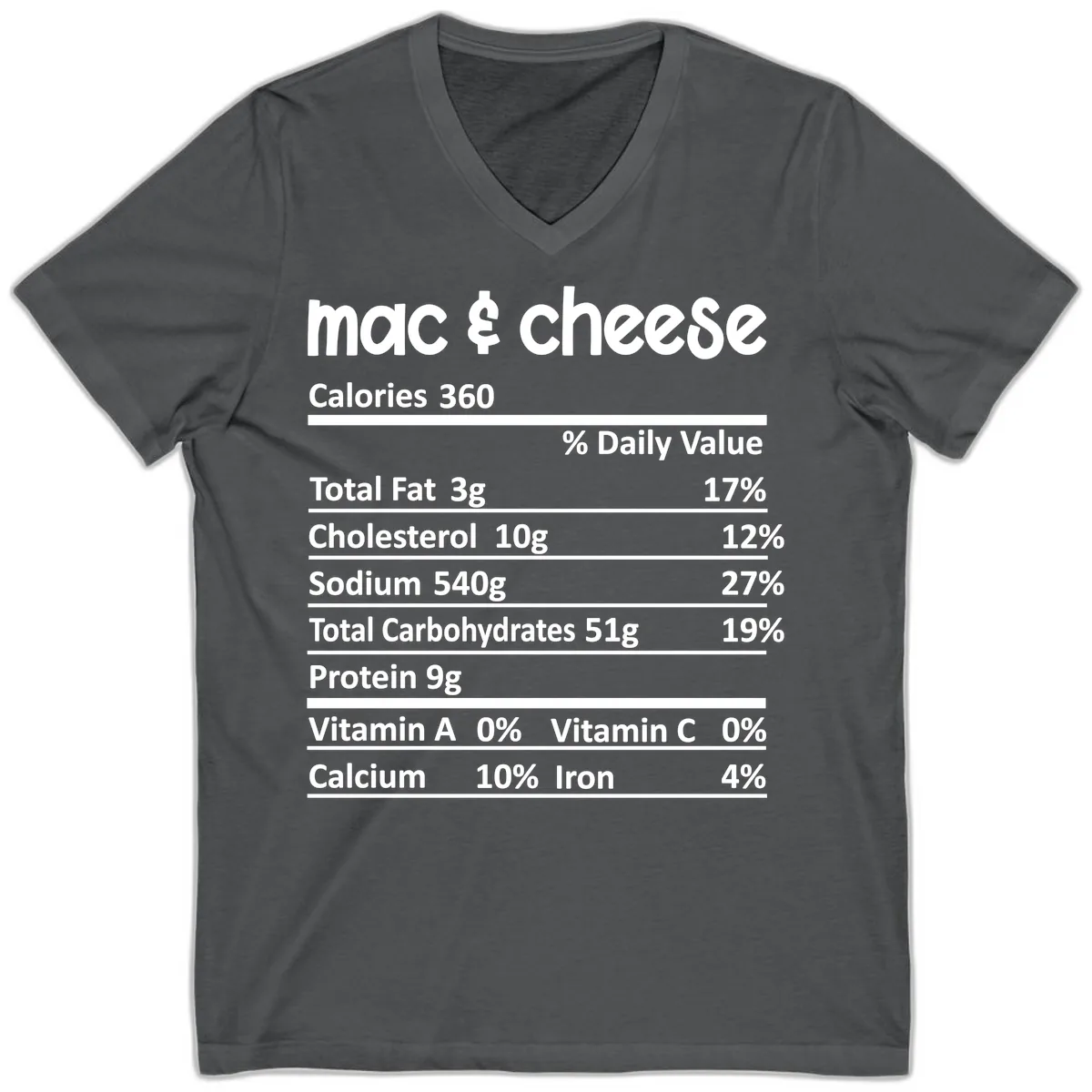 Mac & Cheese Nutrition Facts V-Neck in Asphalt