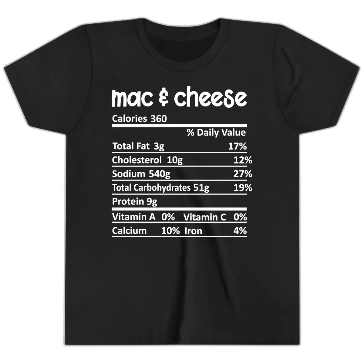 Mac & Cheese Nutrition Facts Youth T-Shirt in Black