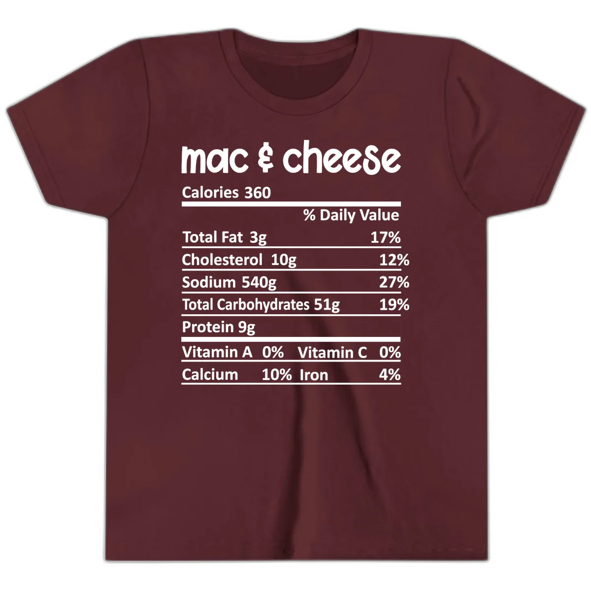 Mac & Cheese Nutrition Facts Youth T-Shirt in Maroon