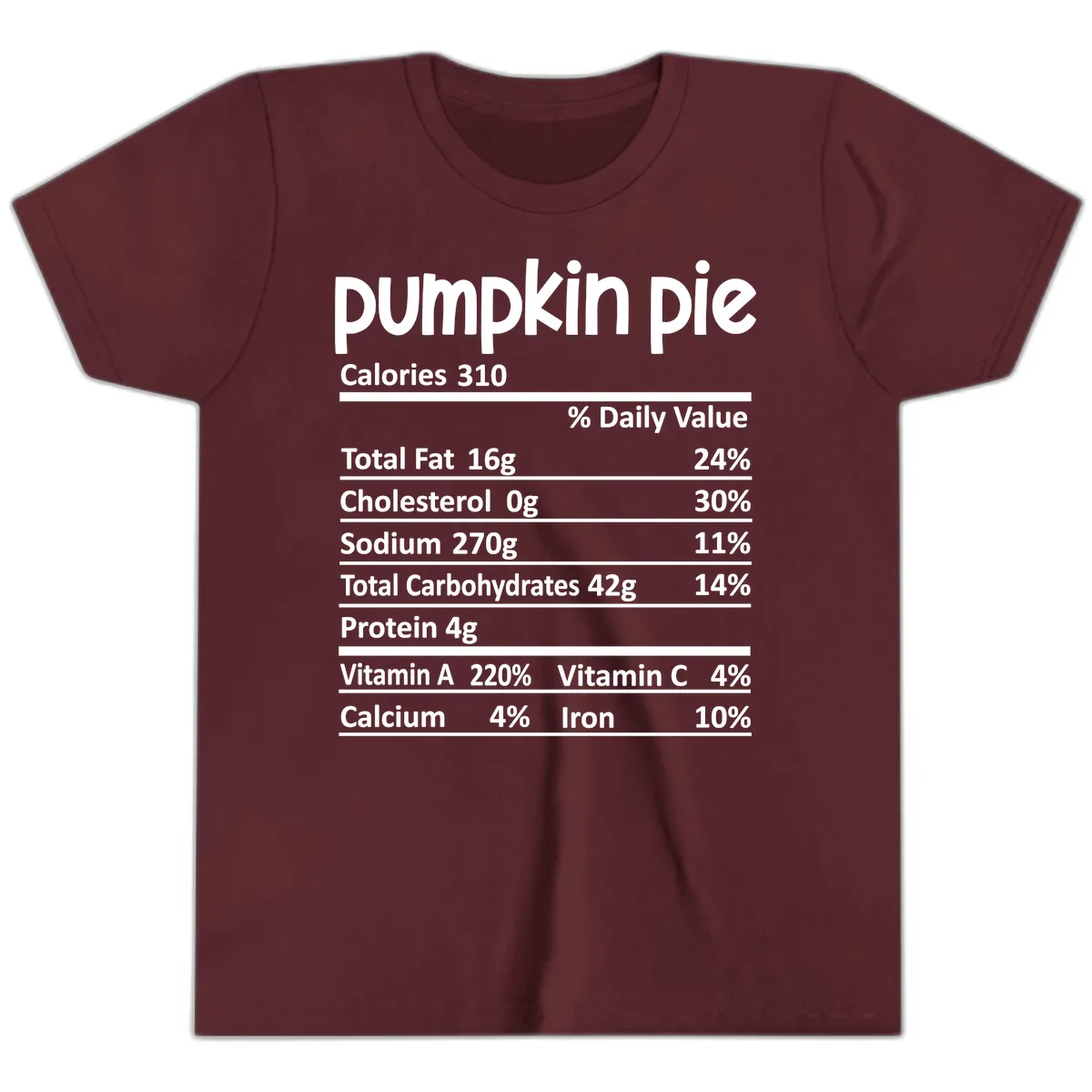 Pumpkin Pie Nutrition Facts Youth T-Shirt in Maroon
