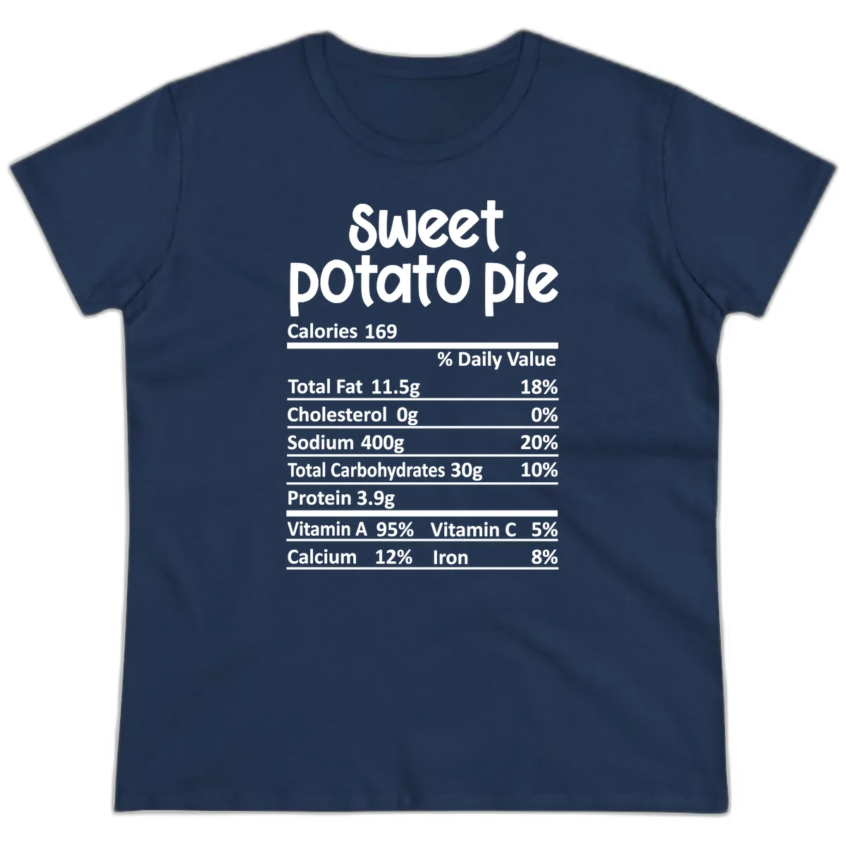Sweet Potato Pie Nutrition Label Ladies Tee in Navy