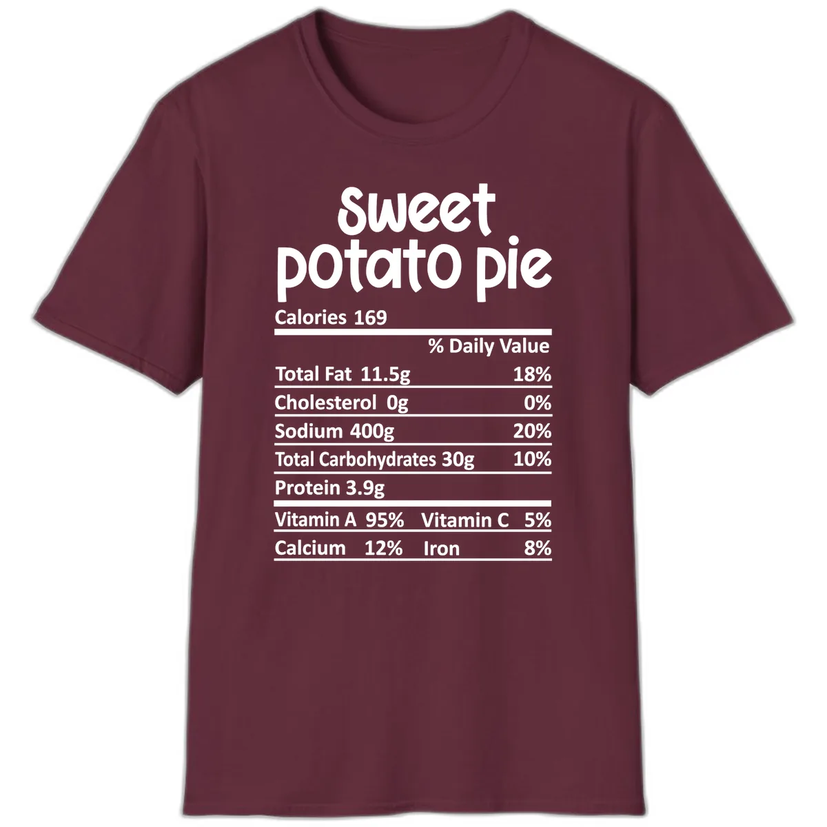 Sweet Potato Pie Nutrition Label T-Shirt in Maroon