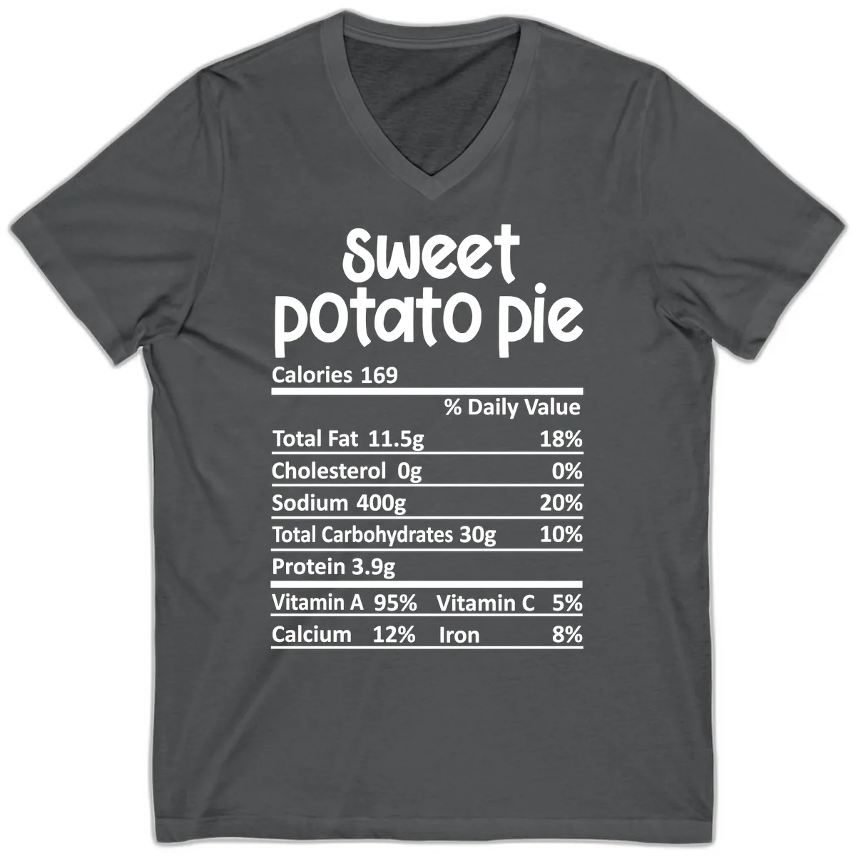 Sweet Potato Pie Nutrition Label V-Neck in Asphalt